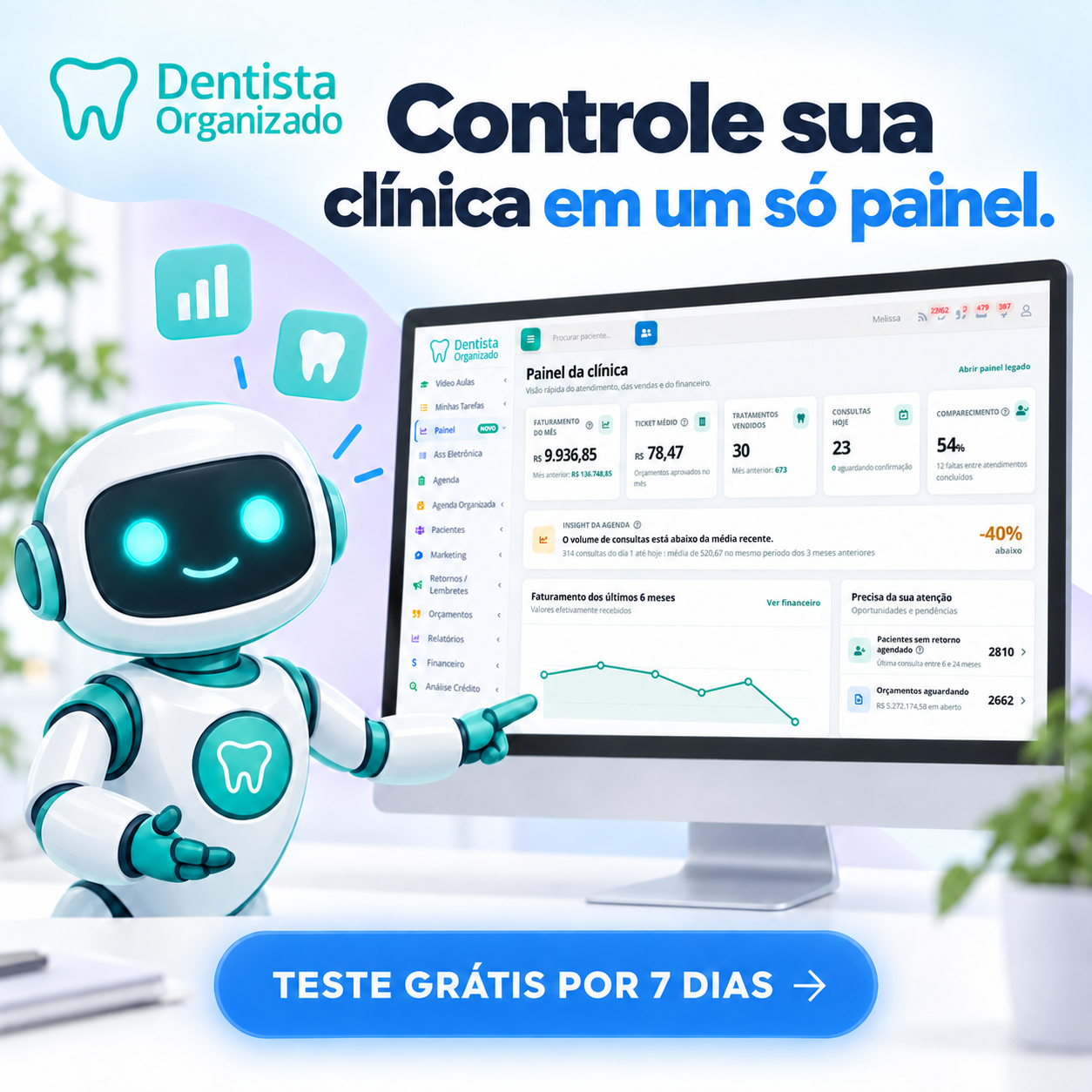 Painel da cl&iacute;nica no software odontol&oacute;gico Dentista Organizado