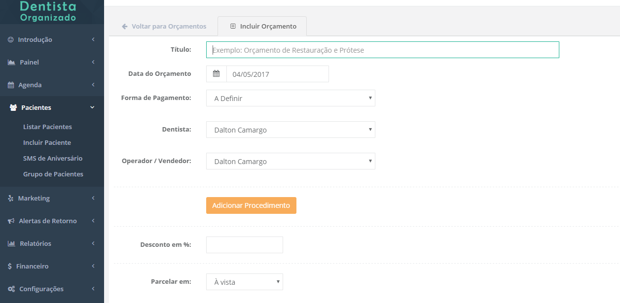 Or�amento de Pacientes